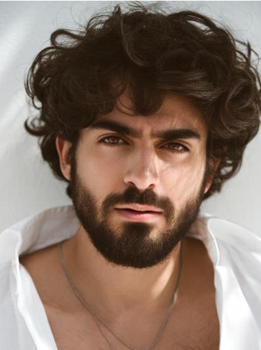 Man Wigs For Sale 6" Monofilament Remy Human Hair Curly Brown Wigs