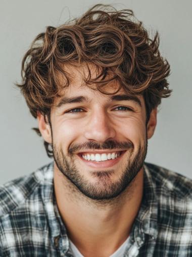 Mens Synthetic Wigs 6" Short With Bangs Monofilament Brown Wigs