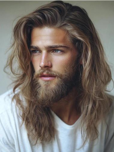 Men's Long Wigs Blonde Wavy 16" Remy Human Hair Wigs