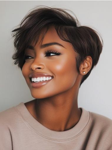 Short Pixie Wigs For African American Monofilament Brown Human Hair Wigs