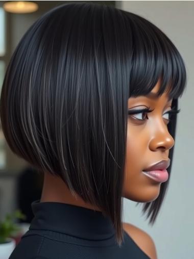 Human Hair Wigs African American With Bangs 10" Black Wigs