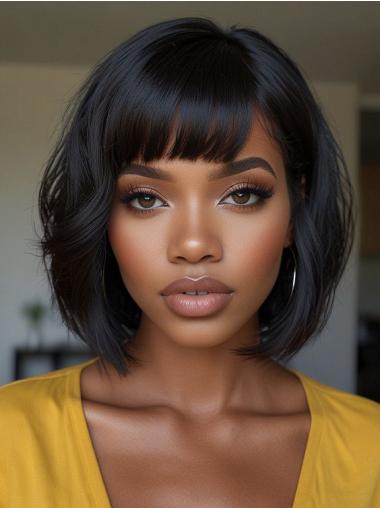 African American Monofilament Wigs Wavy With Bangs Chin Length Wigs
