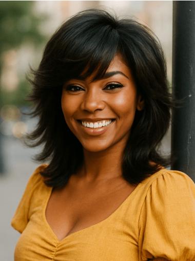 Human Hair Wigs African American With Bangs 14" Black Wigs