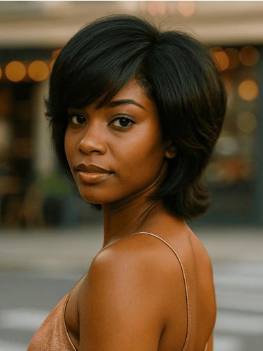 Human Hair Wigs For African American Women With Bangs 10" Black Wigs