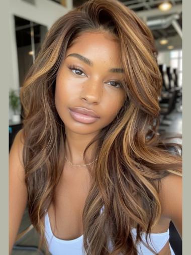 Real Human Hair Wigs African American 24" Long Wavy Monofilament Wigs