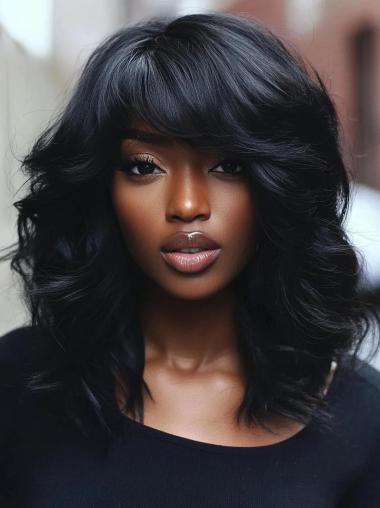 Human Hair Lace Front Wigs For African American Layered Black Wavy Wigs