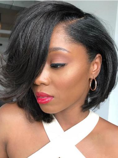 African American Human Hair Lace Front Wigs Chin Length 10" Black Wigs