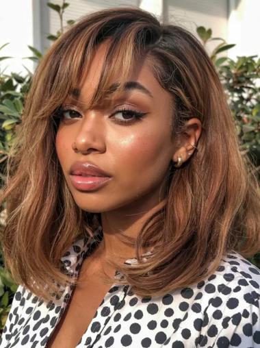 African American Wavy Wigs Brown Shoulder Length 14" Monofilament Wigs