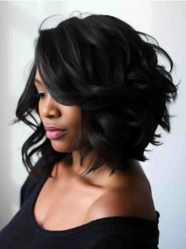 African American Medium Length Human Hair Wigs Black 12" Lace Front Wigs