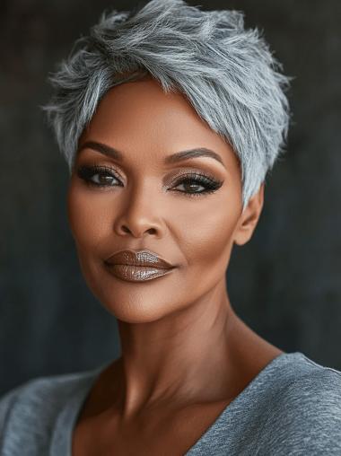 African American Gray Hair Wigs Straight Layered Cropped Wigs