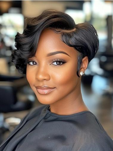Short Wavy Wigs African American With Bangs 6" Lace Front Black Wigs