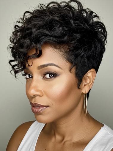 African American Short Curly Wigs With Bangs 4" Monofilament Black Wigs