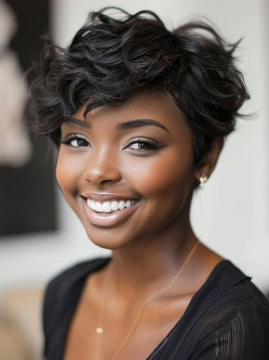 Pixie Cut Human Hair Wigs For African American 4" Cropped Curly Wigs