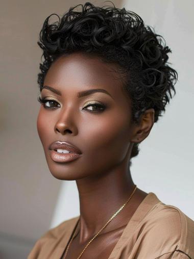 Short Curly African American Wigs Boycuts 4" Monofilament Black Wigs
