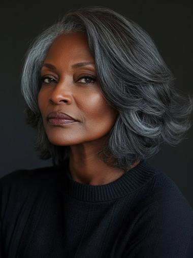 Grey African American Wigs Wavy Bobs Chin Length Salt and Pepper Wigs