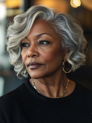 Grey African American Wigs Wavy Bobs Chin Length Wigs