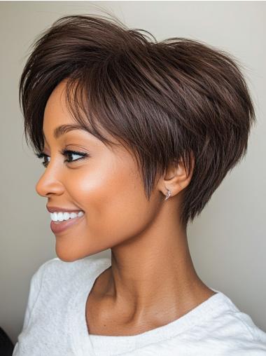 Short Human Hair Wigs For African American Layered 6" Brown Wigs