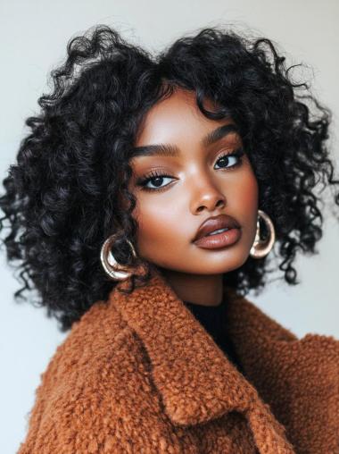Medium Curly Wigs For African American Black 12" Monofilament Wigs