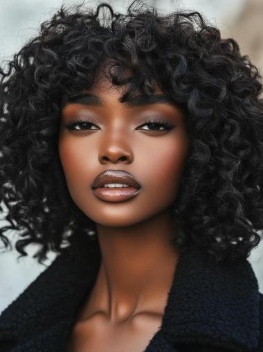 Natural Looking Wigs African American Curly With Bangs Chin Length Wigs