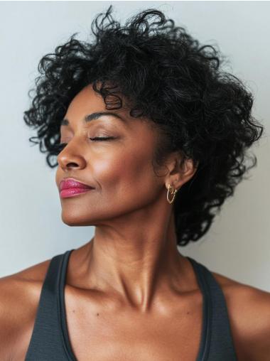 Human Hair Short Wigs For African American Layered 8" Black Wigs