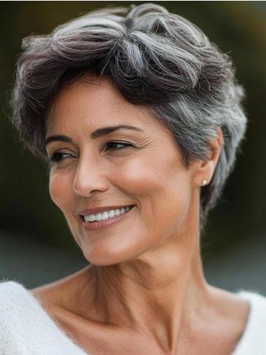 Gray Human Hair Wigs For African American Wavy Boycuts Short Wigs