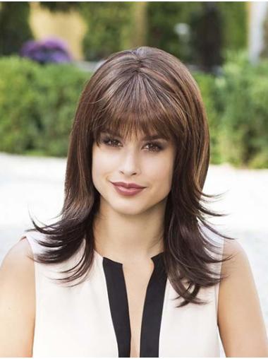 14" Straight Brown Synthetic With Bangs Medium Wig For Women