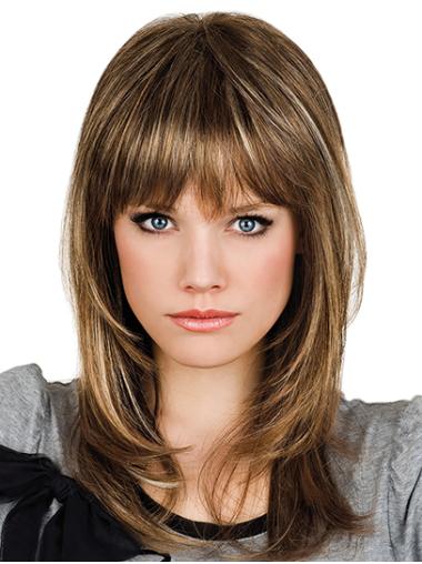 14" Straight Brown Synthetic With Bangs Best Medium Wigs