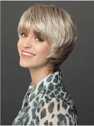 Straight 8" Platinum Blonde Capless Layered Synthetic Wigs Women