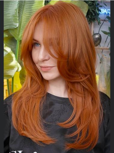 Long Human Hair Wigs 16" Copper Layered Wavy Monofilament Wigs