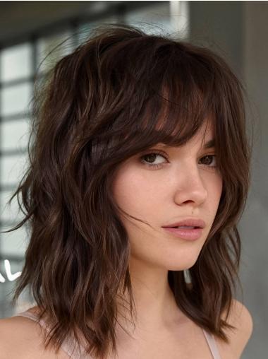 Human Wigs 12" With Bangs Wavy Brown Monofilament Shoulder Length Wigs