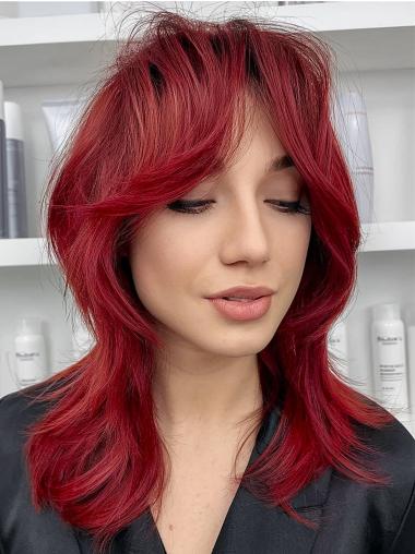 Human Wigs 14" With Bangs Wavy Red Lace Front Shoulder Length Wigs