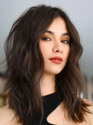 Human Wigs 14" Without Bangs Wavy Black Lace Front Shoulder Length Wigs