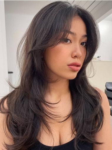 Long Black Wig Straight Layered Remy Human Hair 16" Monofilament Wigs