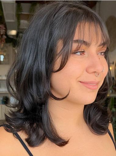 Human Wigs 14" With Bangs Wavy Black Lace Front Shoulder Length Wigs