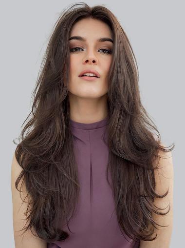 Long Human Hair Wigs 20" Brown Layered Wavy Lace Front Wigs