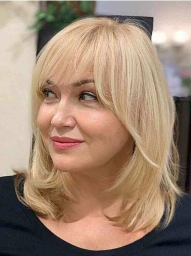 Blonde Lace Front Wigs 14" Straight Shoulder Length Synthetic With Bangs Wigs