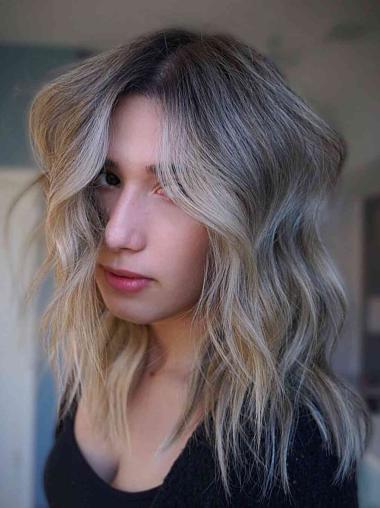 Human Wigs 14" Layered Wavy Ombre/2 Tone Monofilament Shoulder Length Wigs