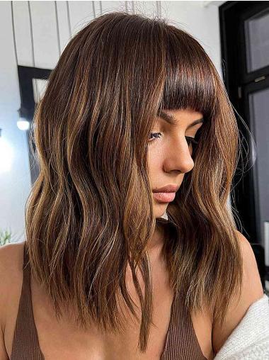 Human Wigs 14" With Bangs Straight Ombre/2 Tone Lace Front Shoulder Length Wigs