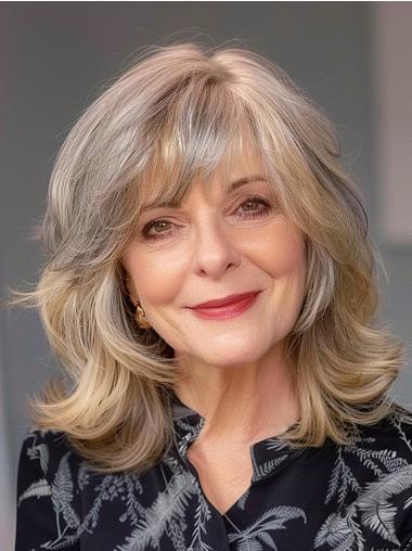 Platinum Blonde Wig Synthetic 12" Shoulder Length Wavy With Bangs Monofilament Wigs