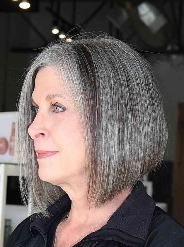 Grey Human Hair Wigs 10" Bobs Straight Monofilament Chin Length Wigs