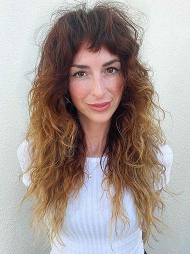 Long Wig With Bangs Ombre/2 Tone Curly Lace Front 18" Wigs