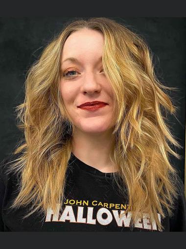 Long Blonde Wig 16" Wavy Monofilament Without Bangs Remy Human Hair Wigs