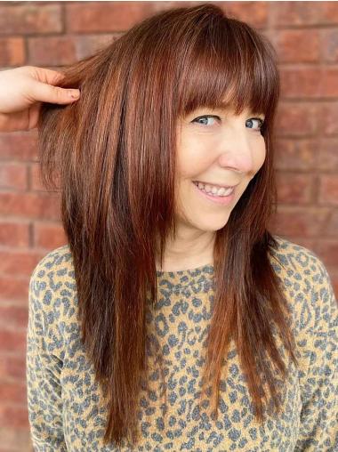 Long Human Hair Wigs 16" Auburn With Bangs Straight Monofilament Wigs