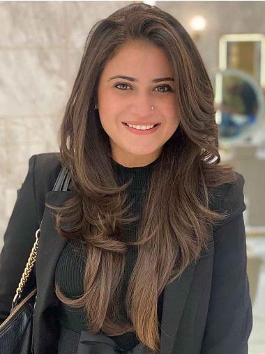 Long Brown Wig Layered Lace Front Synthetic 24" Straight Wigs