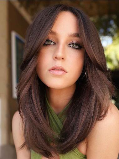 Long Brown Wig Without Bangs Lace Front Synthetic 16" Straight Wigs
