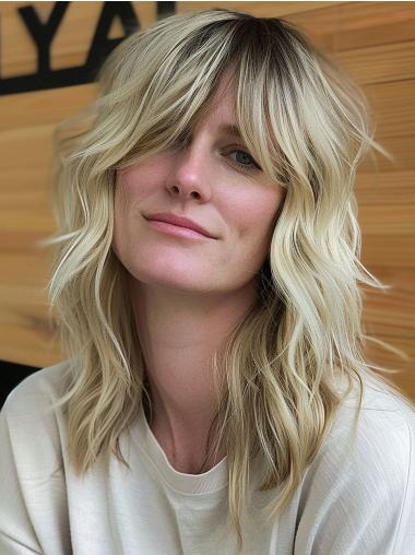 Platinum Blonde Wig Synthetic 14" Shoulder Length Wavy With Bangs Monofilament Wigs