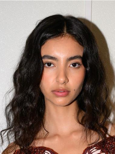 Human Wigs 14" Without Bangs Wavy Black Monofilament Shoulder Length Wigs