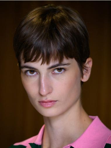 Human Hair Short Wigs Straight Monofilament Boycuts 4" Brown Wigs