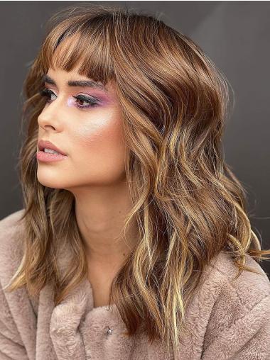 Ladies Blonde Wigs 14" Synthetic With Bangs Shoulder Length Monofilament Wigs