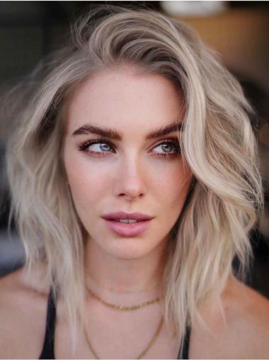 Platinum Blonde Wig Remy Human Hair 12" Shoulder Length Wavy Layered Monofilament Wigs